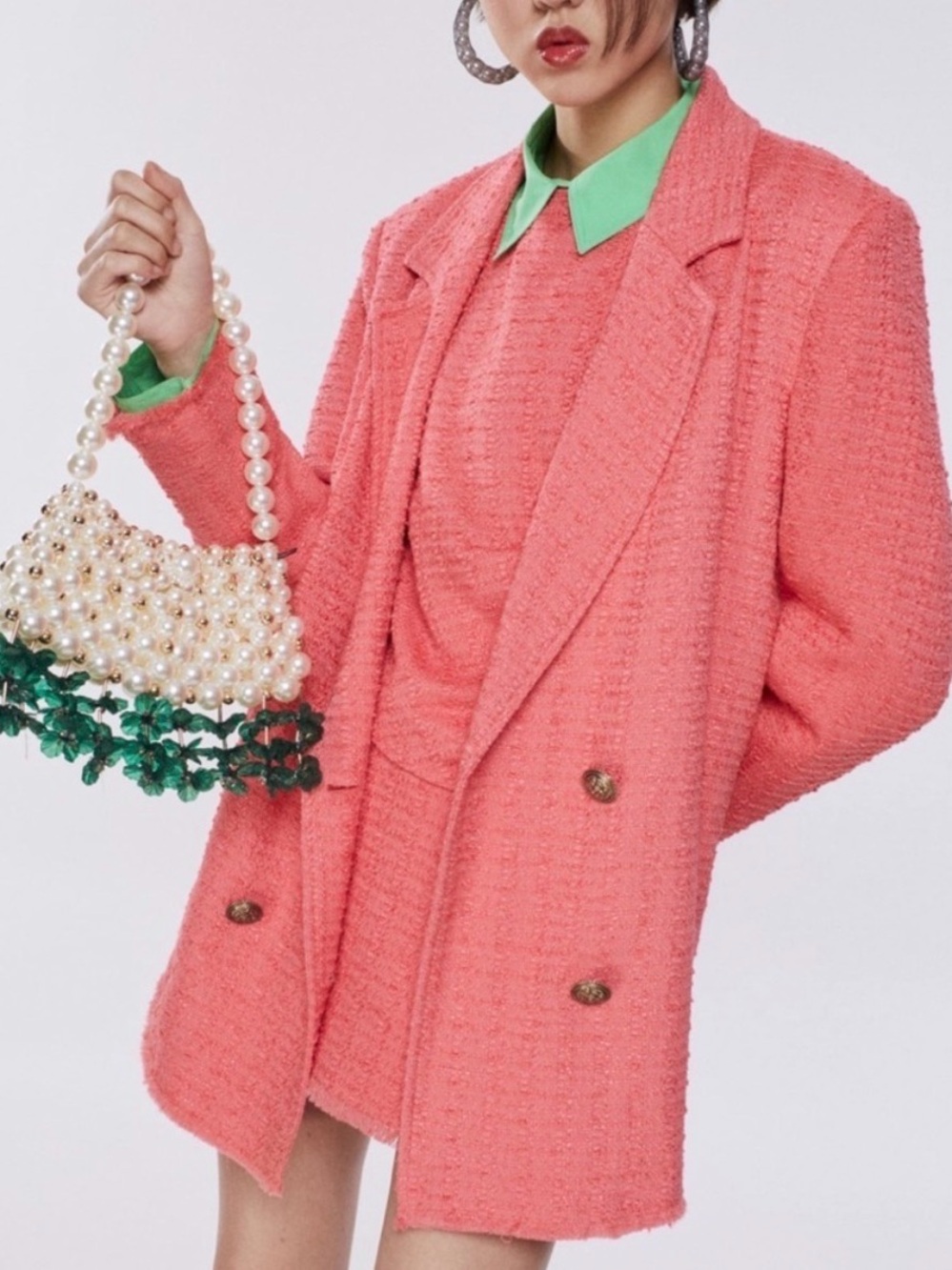 Zara Coral Pink Bouclé Double-Breasted Blazer